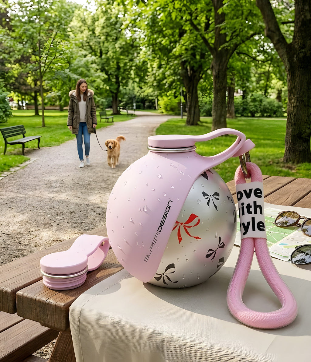 Botella para perros rosa con estampado de lazos