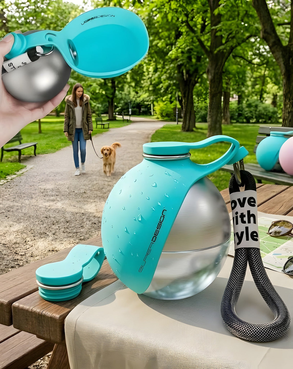 Botella para perros azul lisa con el cuenco de silicona abierto