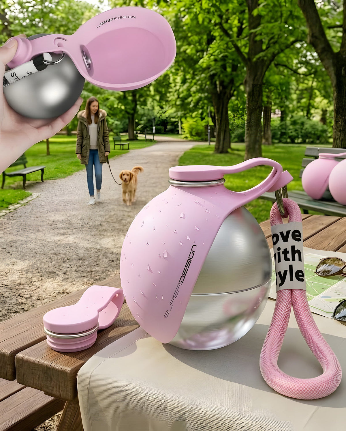 Botella para perros rosa lisa con el cuenco de silicona abierto