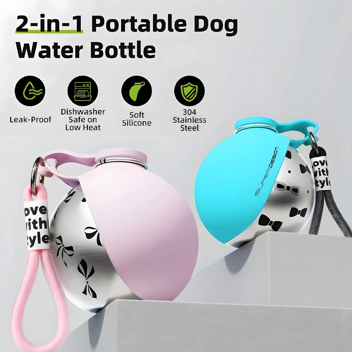 Botella de agua para perros 2 en 1 en rosa y azul