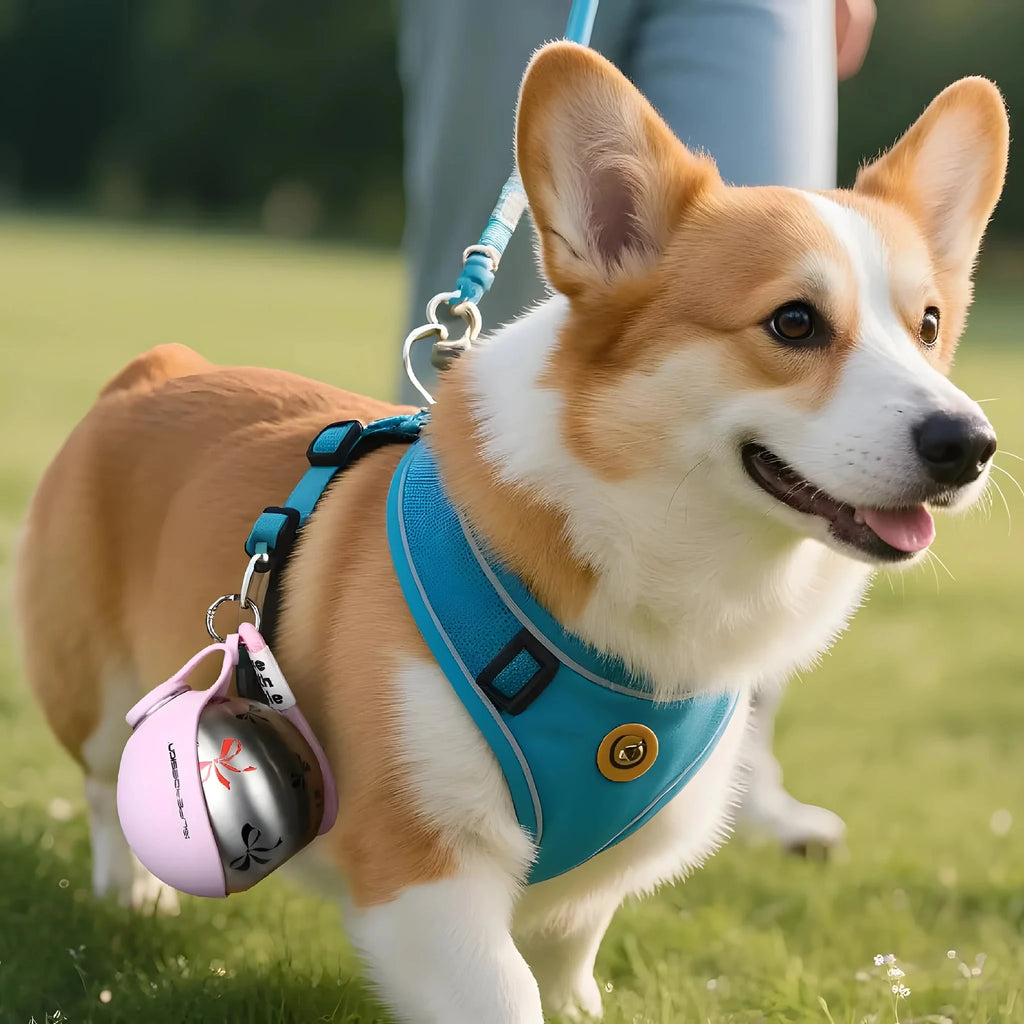Perro de paseo con la botella de agua colgada del arnés
