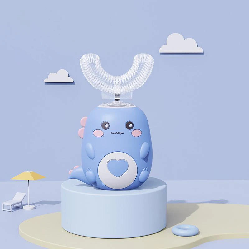 Cepillo eléctrico infantil en U azul con forma de dinosaurio