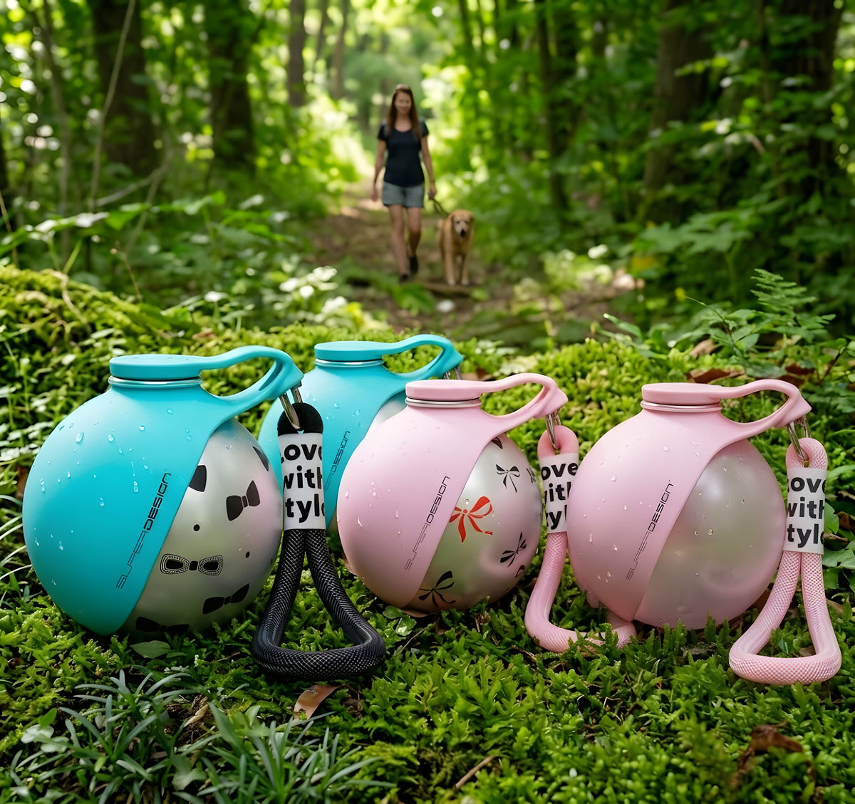 Botellas de agua para perros en azul y rosa sobre el césped