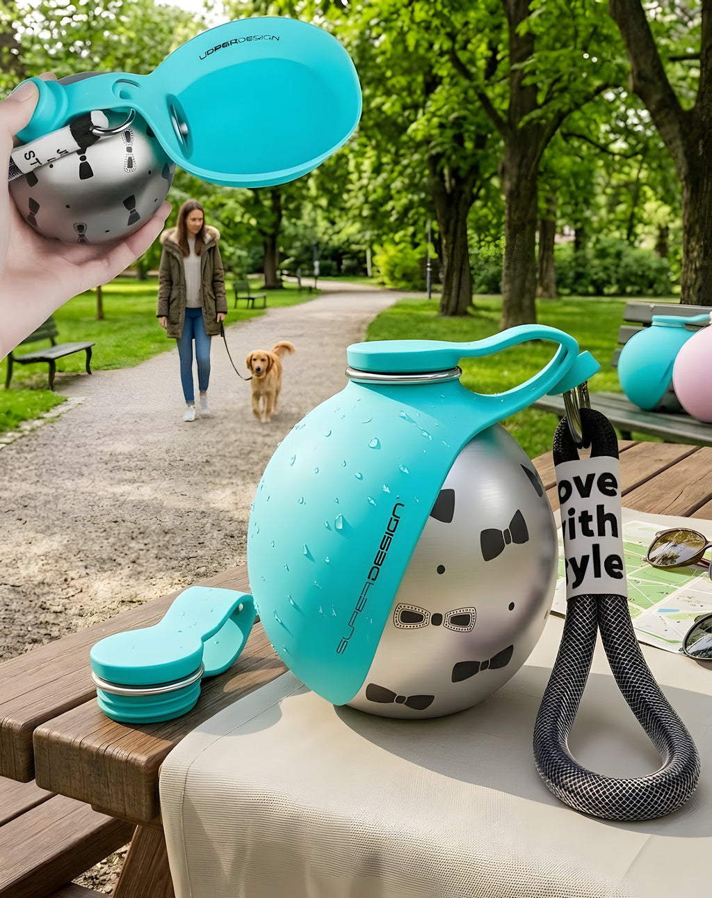 Botella para perros azul con estampado de pajaritas
