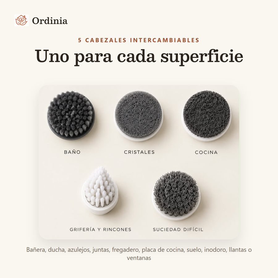 Cinco cabezales: baño, cristales, cocina, grifería y suciedad difícil.
