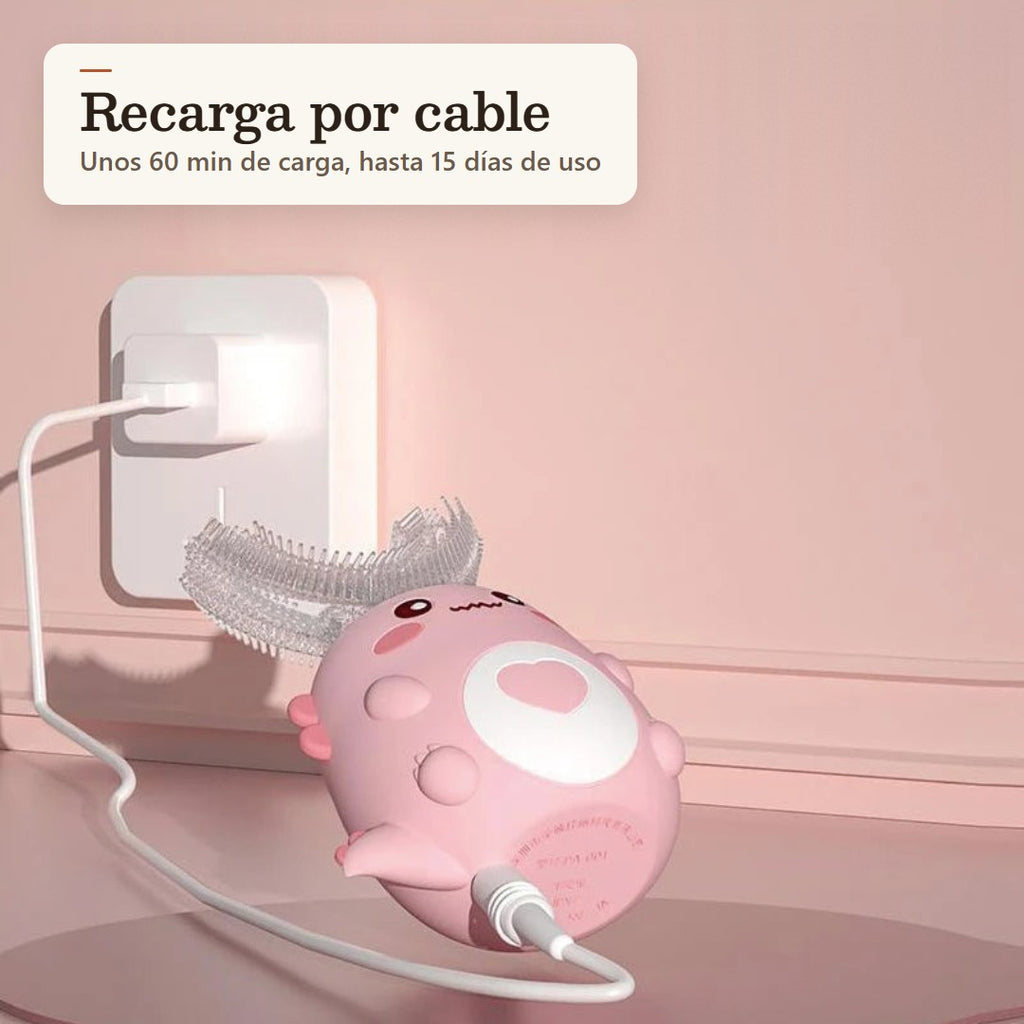 Cepillo eléctrico infantil en U rosa cargándose por cable