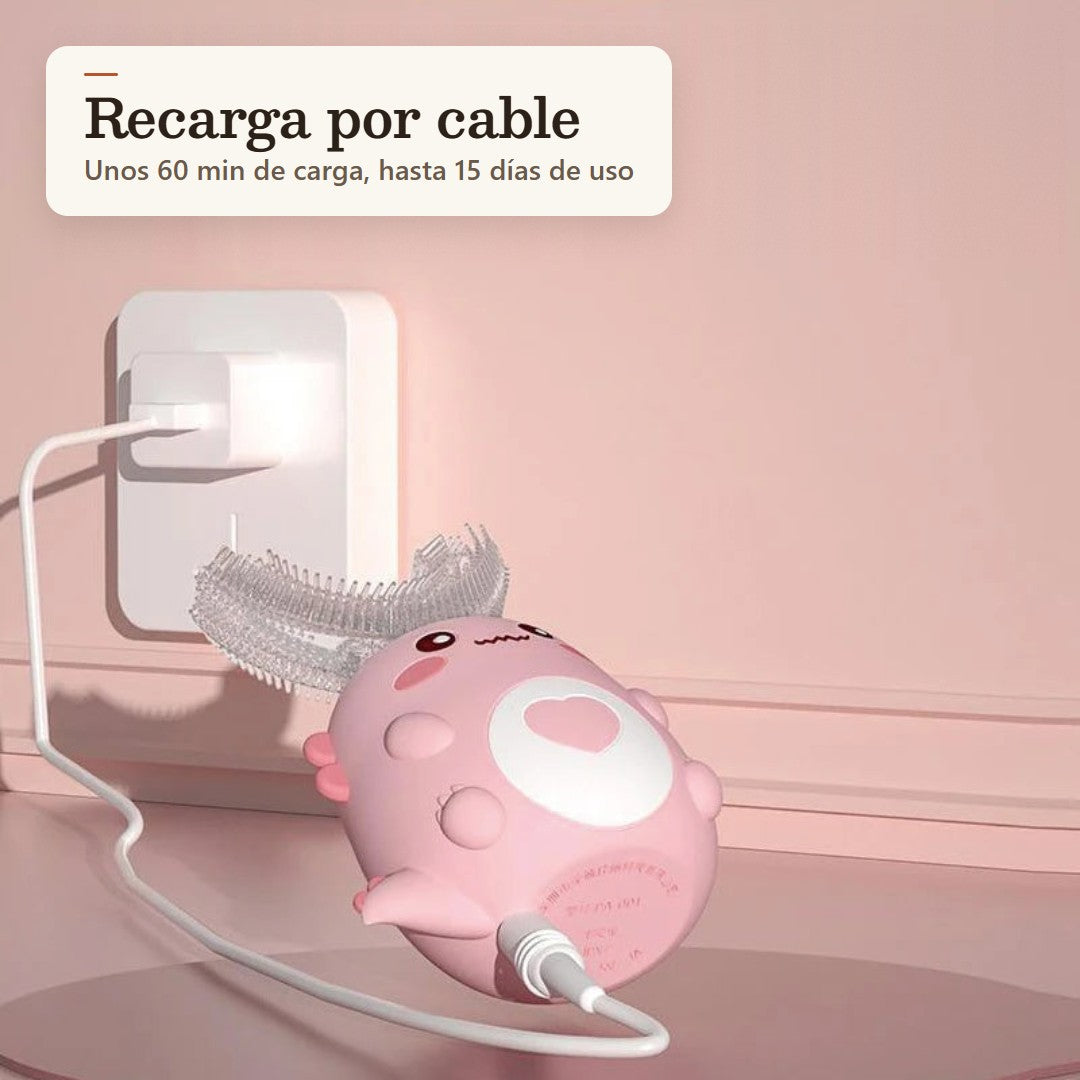 Cepillo eléctrico infantil en U rosa cargándose por cable