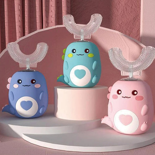 Cepillos eléctricos infantiles en U en azul, verde y rosa con forma de dinosaurio