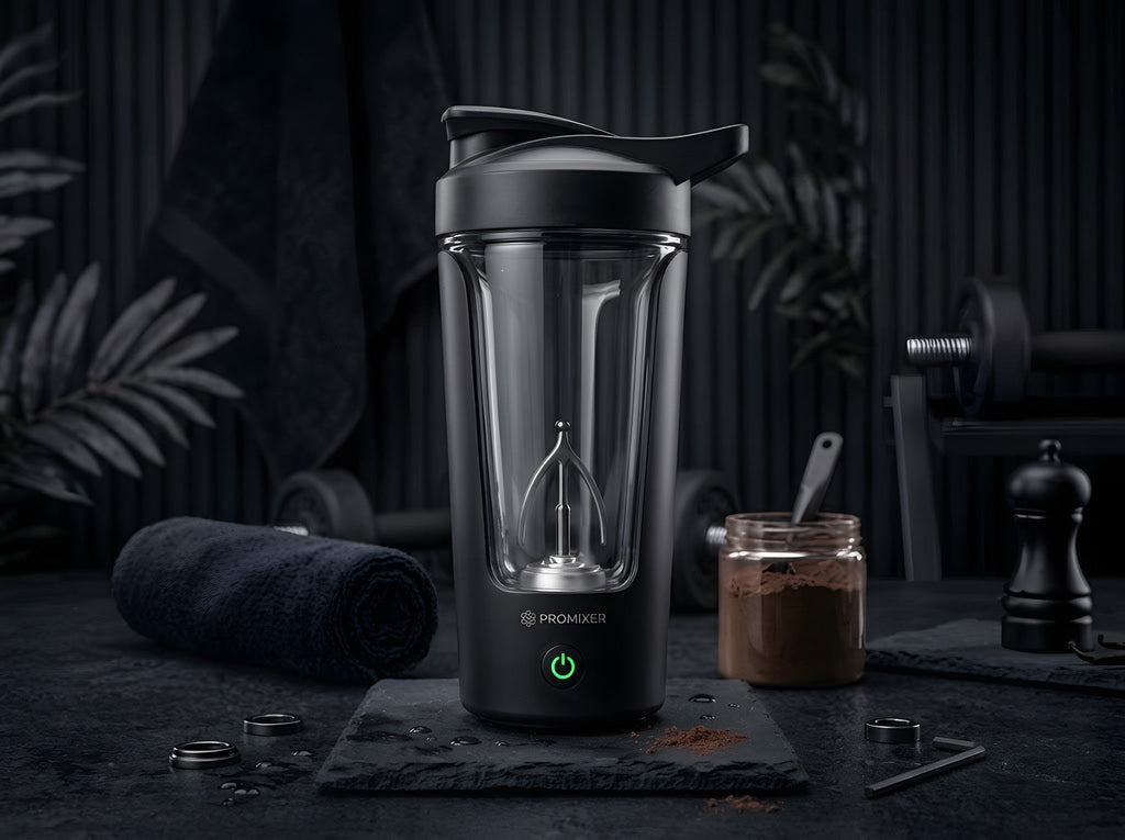 Shaker eléctrico negro de 450 ml sobre una mesa, con la hélice mezcladora en la base