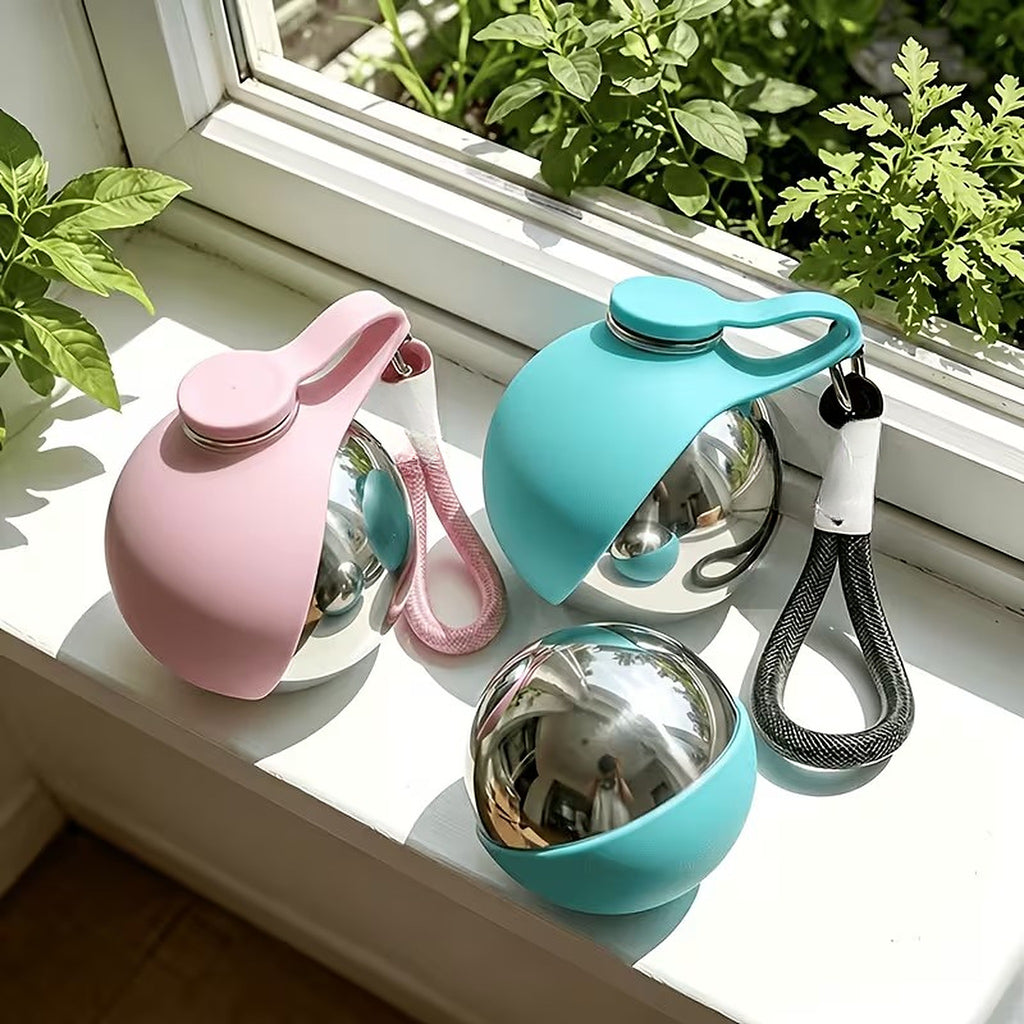 Botellas de agua para perro rosa y azul junto a una ventana, con el cuenco de silicona