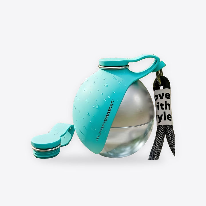 Botella de agua para perros azul con su cuenco de silicona y cordón