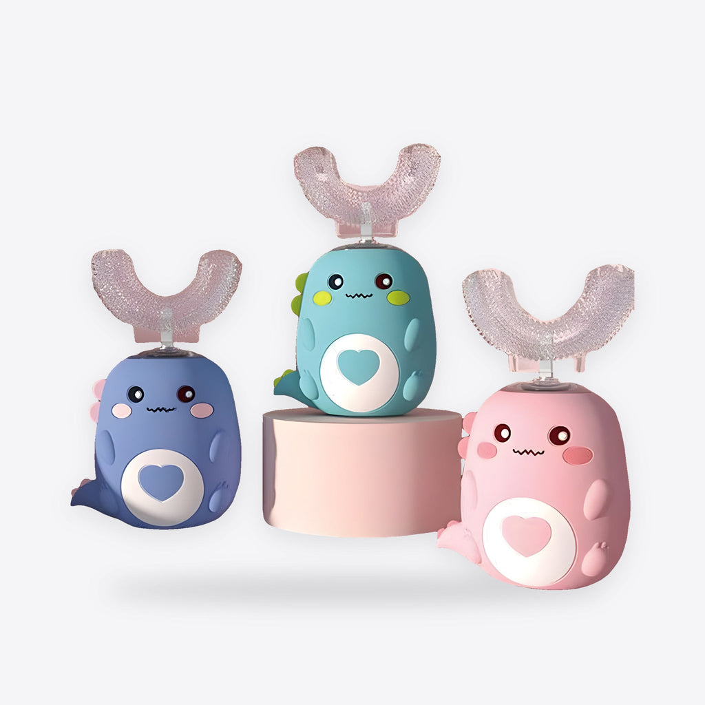 Cepillos eléctricos infantiles en U en azul, verde y rosa con forma de dinosaurio