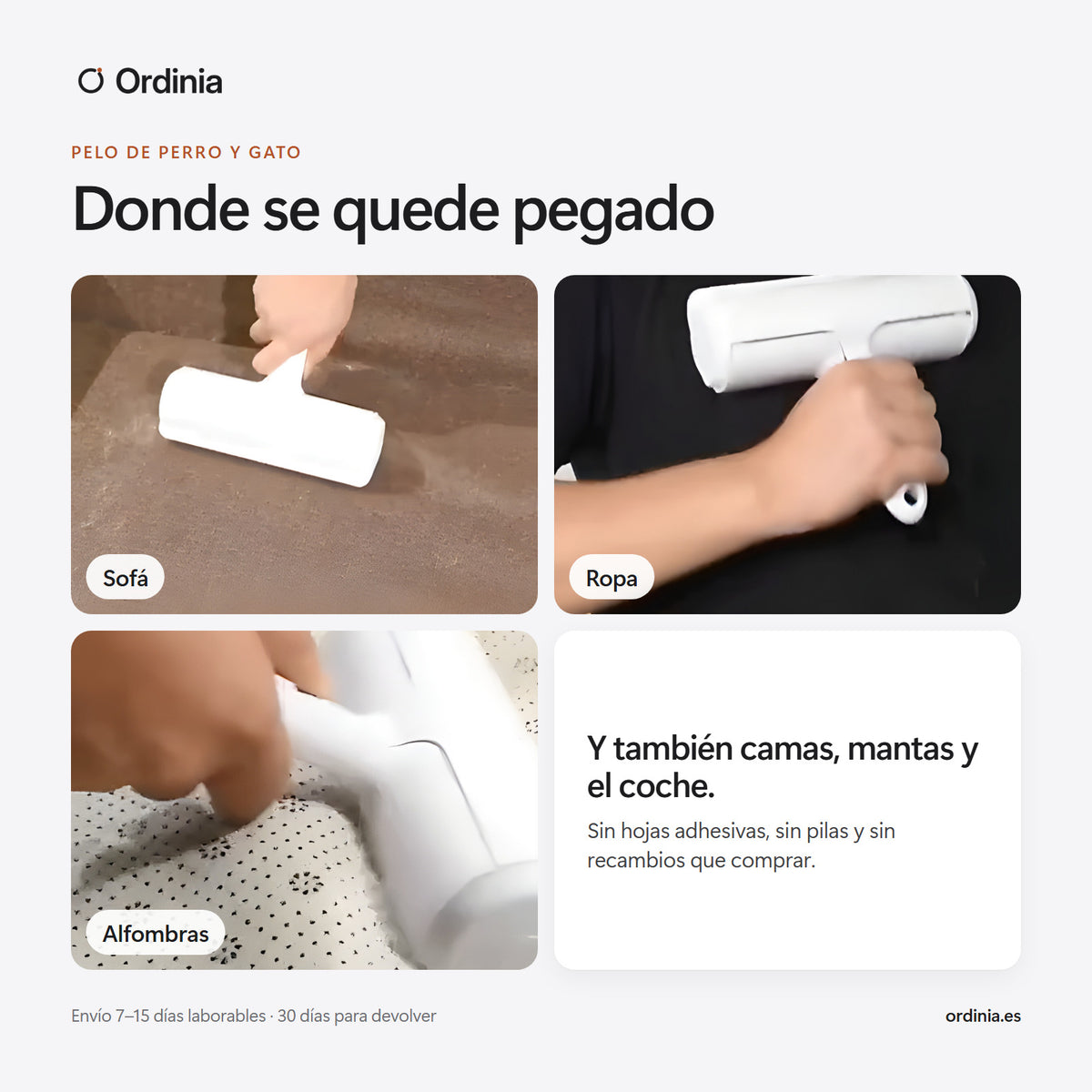 Rodillo quitapelos en sofá, ropa y alfombras