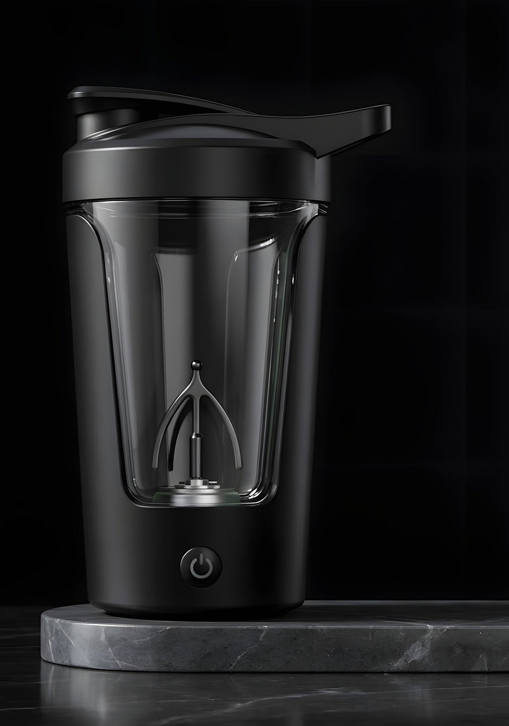 Shaker eléctrico negro de 450 ml sobre una base de mármol